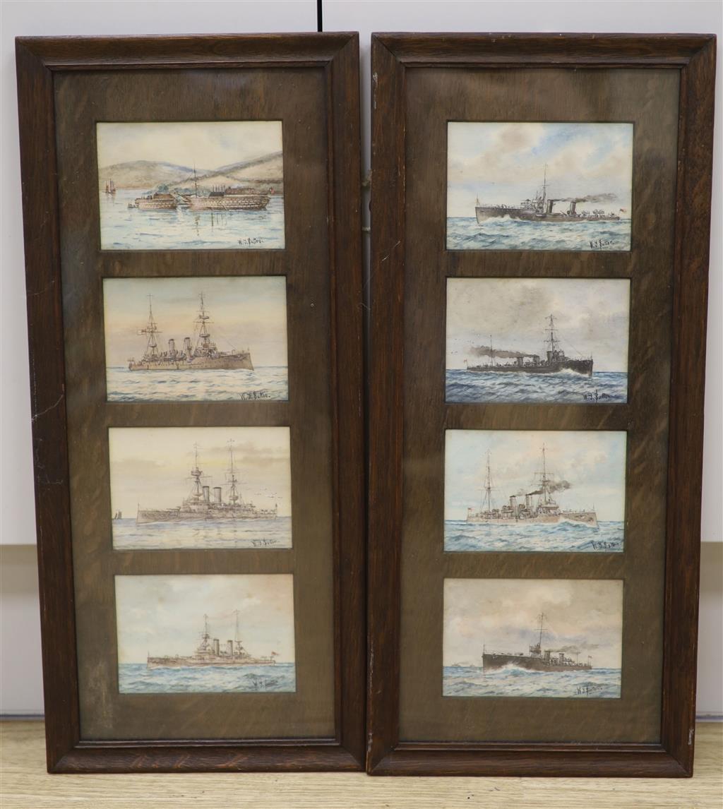 W. J. Sutton, eight watercolours, Studies of pre-WWI Warships, HMS Jed, Goldfinch, Pegasus, Lark, Britannia, Isis, Implacable and Swift